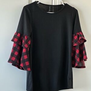 Black Top with Red Plaid Ruffle Sleeves